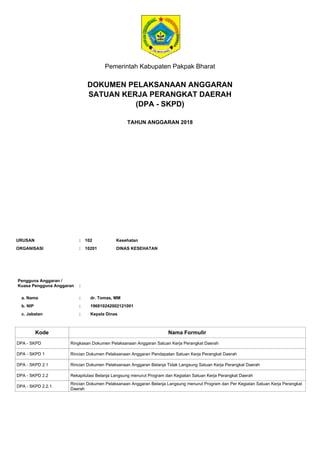 Pemerintah Kabupaten Pakpak Bharat
DOKUMEN PELAKSANAAN ANGGARAN
SATUAN KERJA PERANGKAT DAERAH
TAHUN ANGGARAN 2018
Pengguna Anggaran /
Kuasa Pengguna Anggaran
a. Nama
:
: dr. Tomas, MM
b. NIP
c. Jabatan
:
:
196810242002121001
Kepala Dinas
Kode Nama Formulir
ORGANISASI : DINAS KESEHATAN10201
URUSAN : 102 Kesehatan
DPA - SKPD Ringkasan Dokumen Pelaksanaan Anggaran Satuan Kerja Perangkat Daerah
DPA - SKPD 1 Rincian Dokumen Pelaksanaan Anggaran Pendapatan Satuan Kerja Perangkat Daerah
DPA - SKPD 2.1 Rincian Dokumen Pelaksanaan Anggaran Belanja Tidak Langsung Satuan Kerja Perangkat Daerah
DPA - SKPD 2.2 Rekapitulasi Belanja Langsung menurut Program dan Kegiatan Satuan Kerja Perangkat Daerah
DPA - SKPD 2.2.1
Rincian Dokumen Pelaksanaan Anggaran Belanja Langsung menurut Program dan Per Kegiatan Satuan Kerja Perangkat
Daerah
(DPA - SKPD)
 