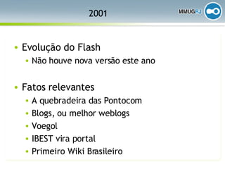 2001 Evolução do Flash Não houve nova versão este ano Fatos relevantes A quebradeira das Pontocom Blogs, ou melhor weblogs Voegol IBEST vira portal Primeiro Wiki Brasileiro 