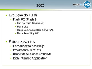 2002 Evolução do Flash Flash MX (Flash 6) Fim do Flash Generator Flash Lite Flash Communication Server MX Flash Remoting MX Fatos relevantes Consolidação dos Blogs  Provimento wireless Usabilidade e acessibilidade Rich Internet Application  