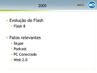 2005 Evolução do Flash Flash 8 Fatos relevantes Skype Podcast PC Conectado Web 2.0 
