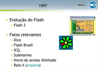 1997 Evolução do Flash Flash 2 Fatos relevantes Dice Flash Brasil ICQ Submarino Inicio do acesso ilimitado Raio X ( arquivo ) 