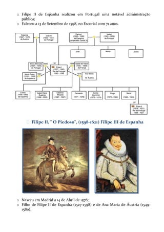 o Filipe II de Espanha realizou em Portugal uma notável administração
pública;
o Faleceu a 13 de Setembro de 1598, no Escorial com 71 anos.

ᴥ Filipe II, " O Piedoso", (1598-1621) Filipe III de Espanha

o Nasceu em Madrid a 14 de Abril de 1578;
o Filho de Filipe II de Espanha (1527-1598) e de Ana Maria de Áustria (15491580);

 