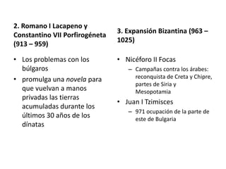 2. Romano I Lacapeno y
Constantino VII Porfirogéneta
(913 – 959)
• Los problemas con los
búlgaros
• promulga una novela para
que vuelvan a manos
privadas las tierras
acumuladas durante los
últimos 30 años de los
dínatas
3. Expansión Bizantina (963 –
1025)
• Nicéforo II Focas
– Campañas contra los árabes:
reconquista de Creta y Chipre,
partes de Siria y
Mesopotamia
• Juan I Tzimisces
– 971 ocupación de la parte de
este de Bulgaria
 