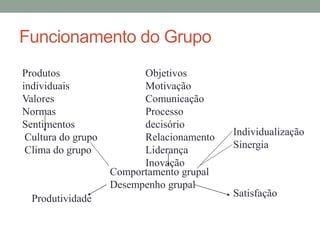 Funcionamento do Grupo
Comportamento grupal
Desempenho grupal
Produtos
individuais
Valores
Normas
Sentimentos
Cultura do grupo
Clima do grupo
Objetivos
Motivação
Comunicação
Processo
decisório
Relacionamento
Liderança
Inovação
Individualização
Sinergia
Produtividade
Satisfação
 