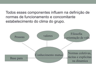 Todos esses componentes influem na definição de
normas de funcionamento e concomitante
estabelecimento do clima do grupo.
Pessoas valores
Filosofia
e orientação de vida
Conhecimento mutuo
Base para
Normas coletivas,
tácitas e explicitas
na dinamica
 