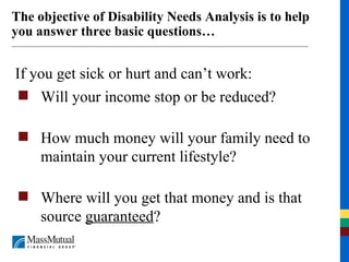 The objective of Disability Needs Analysis is to help you answer three basic questions… Will your income stop or be reduced? How much money will your family need to maintain your current lifestyle? Where will you get that money and is that source  guaranteed ? If you get sick or hurt and can’t work: 