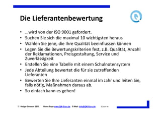 Die Lieferantenbewertung
  •    …wird von der ISO 9001 gefordert.
  •    Suchen Sie sich die maximal 10 wichtigsten heraus
  •    Wählen Sie jene, die Ihre Qualität beeinflussen können
  •    Legen Sie die Bewertungskriterien fest, z.B. Qualität, Anzahl
       der Reklamationen, Preisgestaltung, Service und
       Zuverlässigkeit
  •    Erstellen Sie eine Tabelle mit einem Schulnotensystem
  •    Jede Abteilung bewertet die für sie zutreffenden
       Lieferanten
  •    Bewerten Sie Ihre Lieferanten einmal im Jahr und leiten Sie,
       falls nötig, Maßnahmen daraus ab.
  •    So einfach kann es gehen!


 Holger Grosser 2011   Home Page www.QM-Guru.de   E-Mail: Info@QM-Guru.de   31 von 48
 