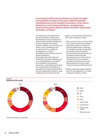 12     El dinero en 2033
La situación de la financiación de la
economía española en 2033 estará
determinada en una gran parte por el
contexto macroeconómico global y por
el marco regulatorio del sistema
financiero vigentes en ese momento. En
ambos casos, es probable que nos
encontremos ante un cambio de
paradigma que va a alterar
profundamente las relaciones entre los
agentes económicos.
El principal motor del cambio es la
transferencia de poder económico, que
ya se está produciendo con claridad,
entre Occidente y las economías
emergentes, y el desplazamiento del eje
de los intercambios comerciales y de
inversión hacia la zona de Asia-Pacífico.
El futuro mapamundi económico, según
el informe de esta misma colección
La economía de 2033 será muy distinta a la actual. El cambio
en el equilibrio de poderes entre países inducirá profundas
transformaciones en las relaciones económicas, en los centros
financieros y en los sistemas de divisas, con importantes
consecuencias para los flujos de ahorro, inversión y financiación
en Europa y en España.
España en el mundo 2033, elaborado por
PwC, tiene los siguientes rasgos:
•	China estará cerca de ser, dentro de 20
años, la primera potencia económica
del planeta e India se convertirá el
país más poblado. Bajo su liderazgo,
las economías emergentes dejarán de
ser grandes centros de materias
primas o de mano de obra barata y se
consolidarán como mercados
generadores de innovación. Aun así,
se espera de ellas un crecimiento
económico más moderado que en la
última década, por lo que su papel
como locomotora mundial disminuirá.
•	Europa, al igual que Japón, perderán
parte de su protagonismo en el orden
económico mundial. La Unión
Cuadro 1.
Distribución PIB mundial
Fuente: PwC “España en el mundo 2033”.
EEUU
22%26%
9%
29%
7%
5%
9%
8%
6%6%
6% 5%
20302010
21%
18%
7%
5%
9%
2%
Japón
UE
China
India
Resto de Asia
Latinoamérica
Oriente medio
y África
Resto del mundo
 