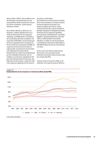 La financiación de la economía española      31
Cuadro 15.
Endeudamiento de las empresas no financieras (Ratio deuda/PIB)
Fuente: Banco de España.
1999
30%
50%
70%
90%
110%
130%
150%
España Italia Francia UK Alemania
2000 2001 2002 2003 2004 2005 2006 2007 2008 2009 2010 2011 2012 2013*
Reino Unido o EEUU, sino también otros
de la Europa continental que nos son
más próximos desde el punto de vista de
la cultura económica, como Francia,
Alemania o Italia.
En la última década se observan, no
obstante, cambios significativos en el
modo de financiarse de las empresas
españolas, probablemente vinculados a
las oscilaciones del ciclo económico. En
el periodo 1998-2007, caracterizado por
la fuerte expansión de la economía (un
4% de media de crecimiento del PIB), las
empresas incrementaron de manera
espectacular sus proyectos de inversión,
y la explosión de la demanda de
financiación fue cubierta principalmente
por las entidades financieras. Eso se
tradujo en un descenso significativo del
peso de la financiación no bancaria, que
bajó más de diez puntos, y alejó aún más
a las empresas españolas de las tasas de
los países occidentales.
Esa tendencia se invirtió con la irrupción
de la crisis económica. La música se paró:
los bancos dejaron de prestar y las
empresas dejaron de invertir. Como
consecuencia de ello, a partir de 2010 se
produjo el progresivo desapalancamiento
financiero de las empresas españolas,
cuyo grado de endeudamiento, que había
llegado a volúmenes históricos, pasó del
145% al 130% del PIB. En términos
absolutos, el saldo vivo de los préstamos
a sociedades no financieras descendió en
300.000 millones de euros en los últimos
tres años.
Es así como en la última etapa el peso
del recurso a los mercados ha ido
subiendo suavemente hasta situarse algo
por encima del 20%.
A pesar de que el stock de crédito se ha
reducido, en lo que llevamos de 2014 ya
 