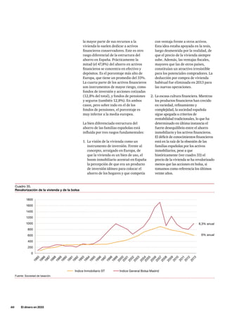 60     El dinero en 2033
con ventaja frente a otros activos.
Esta idea estaba apoyada en la tesis,
luego desmentida por la realidad, de
que el precio de la vivienda siempre
sube. Además, las ventajas fiscales,
mayores que las de otros países,
constituían un atractivo irresistible
para los potenciales compradores. La
deducción por compra de vivienda
habitual fue eliminada en 2013 para
las nuevas operaciones.
2.	La escasa cultura financiera. Mientras
los productos financieros han crecido
en variedad, refinamiento y
complejidad, la sociedad española
sigue apegada a criterios de
rentabilidad tradicionales, lo que ha
determinado en última instancia el
fuerte desequilibrio entre el ahorro
inmobiliario y los activos financieros.
El déficit de conocimientos financieros
está en la raíz de la obsesión de las
familias españolas por los activos
inmobiliarios, pese a que
históricamente (ver cuadro 33) el
precio de la vivienda se ha revalorizado
menos que las acciones en bolsa, si
tomamos como referencia los últimos
veinte años.
la mayor parte de sus recursos a la
vivienda lo suelen dedicar a activos
financieros conservadores. Este es otro
rasgo diferencial de la estructura del
ahorro en España. Prácticamente la
mitad (el 47,8%) del ahorro en activos
financieros se concentra en efectivo y
depósitos. Es el porcentaje más alto de
Europa, que tiene un promedio del 33%.
La cuarta parte de los activos financieros
son instrumentos de mayor riesgo, como
fondos de inversión y acciones cotizadas
(12,8% del total), y fondos de pensiones
y seguros (también 12,8%). En ambos
casos, pero sobre todo en el de los
fondos de pensiones, el porcentaje es
muy inferior a la media europea.
La bien diferenciada estructura del
ahorro de las familias españolas está
influida por tres rasgos fundamentales:
1.	 La visión de la vivienda como un
instrumento de inversión. Frente al
concepto, arraigado en Europa, de
que la vivienda es un bien de uso, el
boom inmobiliario acentuó en España
la percepción de que era un producto
de inversión idóneo para colocar el
ahorro de los hogares y que competía
Fuente: Sociedad de tasación.
Cuadro 35.
Revalorización de la vivienda y de la bolsa
1800
8,3% anual
Indice Inmobiliario ST Indice General Bolsa Madrid
6% anual
1985
1986
1987
1988
1989
1990
1991
1992
1993
1994
1995
1996
1997
1998
1999
20002001
2002
2003
20042005
2006
2007
2008
2009
2010
2011
2012
2013
1600
1400
1200
1000
800
600
400
200
0
 