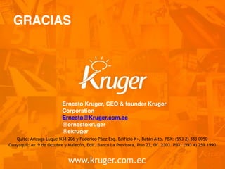 Quito: Arízaga Luque N34-206 y Federico Páez Esq. Edificio K+, Batán Alto. PBX: (593 2) 383 0050
Guayaquil: Av. 9 de Octubre y Malecón, Edif. Banco La Previsora, Piso 23, Of. 2303. PBX: (593 4) 259 1990
www.kruger.com.ec
!
Ernesto Kruger, CEO & founder Kruger
Corporation!!
Ernesto@Kruger.com.ec!
@ernestokruger!
@ekruger
GRACIAS
 