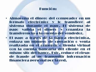 Función:Almacena el dinero del comprador en un formato electrónico y lo transfiere al sistema durante el pago. El sistema de pago valida el dinero y organiza la transferencia a la cuenta del vendedor. El pago a través de la banca electrónica, enlaza un número de operación o venta realizada en el comercio o tienda virtual con la cuenta bancaria del cliente en el mismo sito del banco. Esto, reduce el riesgo de fraude al no transmitir información financiera personal por la red.