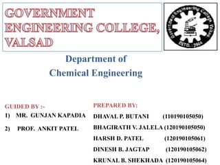 Department of
Chemical Engineering
GUIDED BY :-
1) MR. GUNJAN KAPADIA
2) PROF. ANKIT PATEL
PREPARED BY:
DHAVAL P. BUTANI (110190105050)
BHAGIRATH V. JALELA (120190105050)
HARSH D. PATEL (120190105061)
DINESH B. JAGTAP (120190105062)
KRUNAL B. SHEKHADA (120190105064)
 