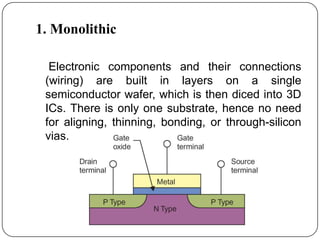 1. Monolithic

  Electronic components and their connections
 (wiring) are built in layers on a single
 semiconductor wafer, which is then diced into 3D
 ICs. There is only one substrate, hence no need
 for aligning, thinning, bonding, or through-silicon
 vias.
 