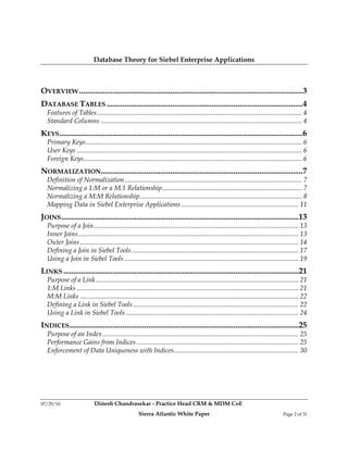 Database Theory for Siebel Enterprise Applications



OVERVIEW .................................................................................................................3
DATABASE TABLES ...................................................................................................4
  Features of Tables ........................................................................................................................ 4
  Standard Columns ...................................................................................................................... 4
KEYS ...........................................................................................................................6
  Primary Keys............................................................................................................................... 6
  User Keys .................................................................................................................................... 6
  Foreign Keys ................................................................................................................................ 6
NORMALIZATION......................................................................................................7
  Definition of Normalization ........................................................................................................ 7
  Normalizing a 1:M or a M:1 Relationship.................................................................................. 7
  Normalizing a M:M Relationship ............................................................................................... 8
  Mapping Data in Siebel Enterprise Applications ..................................................................... 11
JOINS ........................................................................................................................13
  Purpose of a Join ........................................................................................................................ 13
  Inner Joins ................................................................................................................................. 13
  Outer Joins ................................................................................................................................ 14
  Defining a Join in Siebel Tools .................................................................................................. 17
  Using a Join in Siebel Tools ...................................................................................................... 19
LINKS .......................................................................................................................21
  Purpose of a Link ....................................................................................................................... 21
  1:M Links .................................................................................................................................. 21
  M:M Links ................................................................................................................................ 22
  Defining a Link in Siebel Tools ................................................................................................. 22
  Using a Link in Siebel Tools ..................................................................................................... 24
INDICES....................................................................................................................25
  Purpose of an Index ................................................................................................................... 25
  Performance Gains from Indices ............................................................................................... 25
  Enforcement of Data Uniqueness with Indices ......................................................................... 30




07/29/10                    Dinesh Chandrasekar - Practice Head CRM & MDM CoE
                                                    Sierra Atlantic White Paper                                                     Page 2 of 31
 