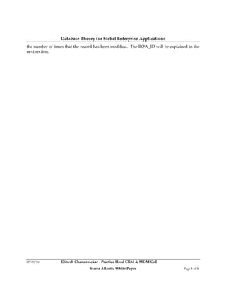 Database Theory for Siebel Enterprise Applications
the number of times that the record has been modified. The ROW_ID will be explained in the
next section.




07/29/10          Dinesh Chandrasekar - Practice Head CRM & MDM CoE
                                Sierra Atlantic White Paper                      Page 5 of 31
 