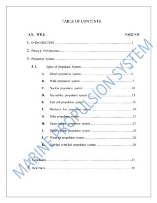 TABLE OF CONTENTS
S.N. TITLE PAGE NO
1. INTRODUCTION ………………………………………………………….……..1
2. Principle Of Operation………………………………..............................................2
3. Propulsion System……………………………………………….………………....3
3.1. Types of Propulsion System………………………………….………..3
A. Diesel propulsion system……………………………………….….4
B. Wind propulsion system ……………………………………….…..7
C. Nuclear propulsion system …………………………………..……10
D. Gas turbine propulsion system …………………………….………13
E. Fuel cell propulsion system ………………………………………..16
F. Biodiesel fuel propulsion system ………………...………………..19
G. Solar propulsion system ……………………..……………………..21
H. Steam turbine propulsion system ………….……………………….23
I. Diesel electric propulsion system …………………………………..25
J. Water jet propulsion system ……………..…………………………26
K. Gas fuel or tri fuel propulsion system ….…………………………..26
4. Conclusion………………………………………………….……………………...27
5. References……………………………………………………….………………...28
 