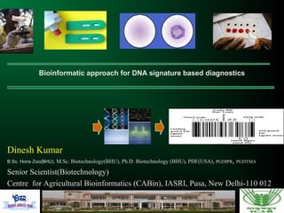 Bioinformatic approach for DNA signature based diagnostics




Dinesh Kumar
B.Sc. Hons Zoo(BHU), M.Sc. Biotechnology(BHU), Ph.D. Biotechnology (BHU), PDF(USA), PGDIPR, PGDTMA

Senior Scientist(Biotechnology)
Centre for Agricultural Bioinformatics (CABin), IASRI, Pusa, New Delhi-110 012
 