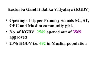 Kasturba Gandhi Balika Vidyalaya (KGBV) Opening of Upper Primary schools SC, ST, OBC and Muslim community girls No. of KGBV:  2569  opened out of  3569  approved 20% KGBV i.e.  492  in Muslim population 