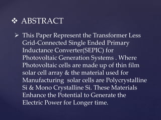 Implementation of multi level inverter for SEPIC Converter with Grid ...