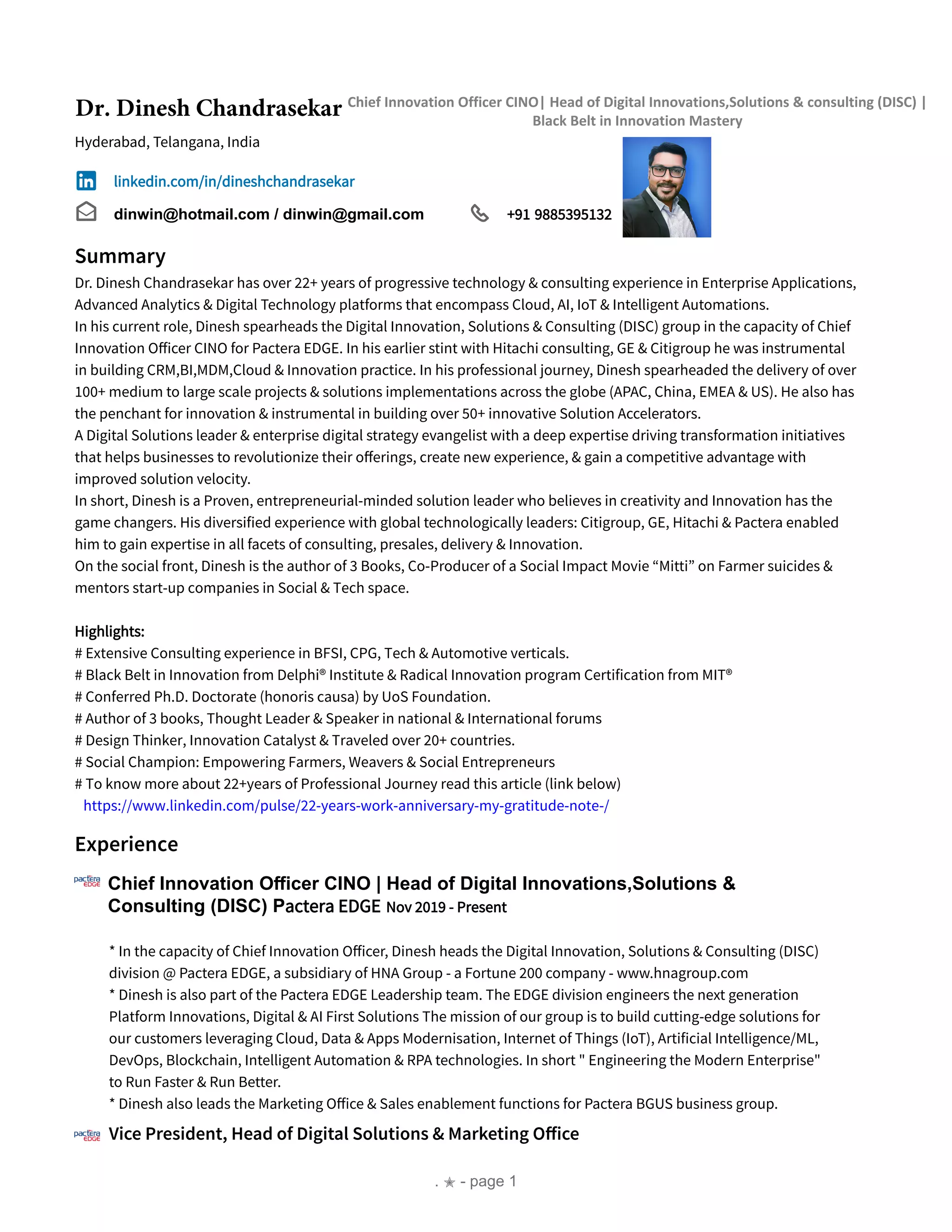 Dr Dinesh Chandrasekar LinkedIn Profile May 2020 | PDF