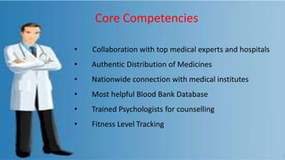 Core Competencies
• Collaboration with top medical experts and hospitals
• Authentic Distribution of Medicines
• Nationwide connection with medical institutes
• Most helpful Blood Bank Database
• Trained Psychologists for counselling
• Fitness Level Tracking
 