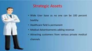 Strategic Assets
• Wide User base as no one can be 100 percent
healthy
• Healthcare field is permanent
• Medical Advertisements adding revenue
• Attracting customers from various private medical
channels
 