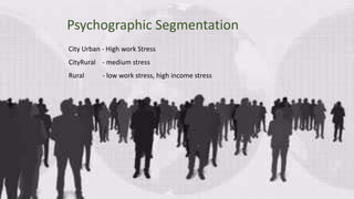 Psychographic Segmentation
City Urban - High work Stress
CityRural - medium stress
Rural - low work stress, high income stress
 