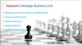Healcare's Strategic Business Unit
• Marketing, Communication and Distribution
• Finance and Accounts
• Human Resource
• Public Relations
• Business Development
 
