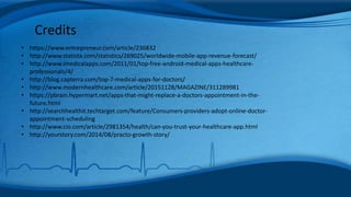 Credits
• https://www.entrepreneur.com/article/236832
• http://www.statista.com/statistics/269025/worldwide-mobile-app-revenue-forecast/
• http://www.imedicalapps.com/2011/01/top-free-android-medical-apps-healthcare-
professionals/4/
• http://blog.capterra.com/top-7-medical-apps-for-doctors/
• http://www.modernhealthcare.com/article/20151128/MAGAZINE/311289981
• https://pbrain.hypermart.net/apps-that-might-replace-a-doctors-appointment-in-the-
future.html
• http://searchhealthit.techtarget.com/feature/Consumers-providers-adopt-online-doctor-
appointment-scheduling
• http://www.cio.com/article/2981354/health/can-you-trust-your-healthcare-app.html
• http://yourstory.com/2014/08/practo-growth-story/
 