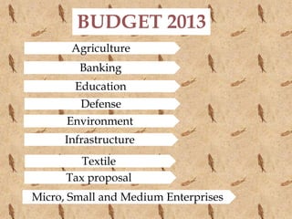 Agriculture
Infrastructure
Education
Environment
Micro, Small and Medium Enterprises
Textile
Tax proposal
Defense
BUDGET 2013
Banking
 