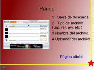 Pando 1_ Barra de descarga 2_ Tipo de archivo ( zip, rar, avi, etc ) 3 Nombre del archivo 4 Uploader del archivo Página oficial 