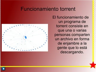 Funcionamiento torrent El funcionamiento de un programa de torrent consiste en que una o varias personas comparten un archivo en forma de enjambre a la gente que lo está descargando. 