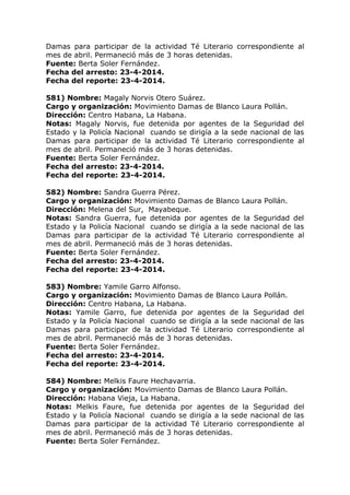 Damas para participar de la actividad Té Literario correspondiente al
mes de abril. Permaneció más de 3 horas detenidas.
Fuente: Berta Soler Fernández.
Fecha del arresto: 23-4-2014.
Fecha del reporte: 23-4-2014.
581) Nombre: Magaly Norvis Otero Suárez.
Cargo y organización: Movimiento Damas de Blanco Laura Pollán.
Dirección: Centro Habana, La Habana.
Notas: Magaly Norvis, fue detenida por agentes de la Seguridad del
Estado y la Policía Nacional cuando se dirigía a la sede nacional de las
Damas para participar de la actividad Té Literario correspondiente al
mes de abril. Permaneció más de 3 horas detenidas.
Fuente: Berta Soler Fernández.
Fecha del arresto: 23-4-2014.
Fecha del reporte: 23-4-2014.
582) Nombre: Sandra Guerra Pérez.
Cargo y organización: Movimiento Damas de Blanco Laura Pollán.
Dirección: Melena del Sur, Mayabeque.
Notas: Sandra Guerra, fue detenida por agentes de la Seguridad del
Estado y la Policía Nacional cuando se dirigía a la sede nacional de las
Damas para participar de la actividad Té Literario correspondiente al
mes de abril. Permaneció más de 3 horas detenidas.
Fuente: Berta Soler Fernández.
Fecha del arresto: 23-4-2014.
Fecha del reporte: 23-4-2014.
583) Nombre: Yamile Garro Alfonso.
Cargo y organización: Movimiento Damas de Blanco Laura Pollán.
Dirección: Centro Habana, La Habana.
Notas: Yamile Garro, fue detenida por agentes de la Seguridad del
Estado y la Policía Nacional cuando se dirigía a la sede nacional de las
Damas para participar de la actividad Té Literario correspondiente al
mes de abril. Permaneció más de 3 horas detenidas.
Fuente: Berta Soler Fernández.
Fecha del arresto: 23-4-2014.
Fecha del reporte: 23-4-2014.
584) Nombre: Melkis Faure Hechavarria.
Cargo y organización: Movimiento Damas de Blanco Laura Pollán.
Dirección: Habana Vieja, La Habana.
Notas: Melkis Faure, fue detenida por agentes de la Seguridad del
Estado y la Policía Nacional cuando se dirigía a la sede nacional de las
Damas para participar de la actividad Té Literario correspondiente al
mes de abril. Permaneció más de 3 horas detenidas.
Fuente: Berta Soler Fernández.
 