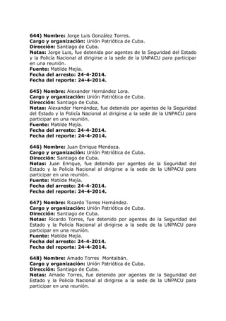 644) Nombre: Jorge Luis González Torres.
Cargo y organización: Unión Patriótica de Cuba.
Dirección: Santiago de Cuba.
Notas: Jorge Luis, fue detenido por agentes de la Seguridad del Estado
y la Policía Nacional al dirigirse a la sede de la UNPACU para participar
en una reunión.
Fuente: Matilde Mejía.
Fecha del arresto: 24-4-2014.
Fecha del reporte: 24-4-2014.
645) Nombre: Alexander Hernández Lora.
Cargo y organización: Unión Patriótica de Cuba.
Dirección: Santiago de Cuba.
Notas: Alexander Hernández, fue detenido por agentes de la Seguridad
del Estado y la Policía Nacional al dirigirse a la sede de la UNPACU para
participar en una reunión.
Fuente: Matilde Mejía.
Fecha del arresto: 24-4-2014.
Fecha del reporte: 24-4-2014.
646) Nombre: Juan Enrique Mendoza.
Cargo y organización: Unión Patriótica de Cuba.
Dirección: Santiago de Cuba.
Notas: Juan Enrique, fue detenido por agentes de la Seguridad del
Estado y la Policía Nacional al dirigirse a la sede de la UNPACU para
participar en una reunión.
Fuente: Matilde Mejía.
Fecha del arresto: 24-4-2014.
Fecha del reporte: 24-4-2014.
647) Nombre: Ricardo Torres Hernández.
Cargo y organización: Unión Patriótica de Cuba.
Dirección: Santiago de Cuba.
Notas: Ricardo Torres, fue detenido por agentes de la Seguridad del
Estado y la Policía Nacional al dirigirse a la sede de la UNPACU para
participar en una reunión.
Fuente: Matilde Mejía.
Fecha del arresto: 24-4-2014.
Fecha del reporte: 24-4-2014.
648) Nombre: Amado Torres Montalbán.
Cargo y organización: Unión Patriótica de Cuba.
Dirección: Santiago de Cuba.
Notas: Amado Torres, fue detenido por agentes de la Seguridad del
Estado y la Policía Nacional al dirigirse a la sede de la UNPACU para
participar en una reunión.
 