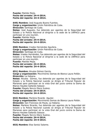 Fuente: Matilde Mejía.
Fecha del arresto: 24-4-2014.
Fecha del reporte: 24-4-2014.
649) Nombre: José Augusto Bueno Fuentes.
Cargo y organización: Unión Patriótica de Cuba.
Dirección: Santiago de Cuba.
Notas: José Augusto, fue detenido por agentes de la Seguridad del
Estado y la Policía Nacional al dirigirse a la sede de la UNPACU para
participar en una reunión.
Fuente: Matilde Mejía.
Fecha del arresto: 24-4-2014.
Fecha del reporte: 24-4-2014.
650) Nombre: Iriades Hernández Aguilera.
Cargo y organización: Unión Patriótica de Cuba.
Dirección: Santiago de Cuba.
Notas: Iriades Hernández, fue detenido por agentes de la Seguridad del
Estado y la Policía Nacional al dirigirse a la sede de la UNPACU para
participar en una reunión.
Fuente: Matilde Mejía.
Fecha del arresto: 24-4-2014.
Fecha del reporte: 24-4-2014.
651) Nombre: Aliuska Gómez García.
Cargo y organización: Movimiento Damas de Blanco Laura Pollán.
Dirección: La Habana.
Notas: Aliuska Gómez, fue detenida por agentes de la Seguridad del
Estado y la Policía Nacional cuando se dirigía al Tribunal Popular de
Marianao para participar en la vista Oral del juicio contra la Dama de
Blanco Haydee Gallardo Salazar.
Fuente: Magaly Norvis Otero Suárez.
Fecha del arresto: 24-4-2014.
Fecha del reporte: 24-4-2014.
652) Nombre: Marlene Ricardo Aguilar.
Cargo y organización: Movimiento Damas de Blanco Laura Pollán.
Dirección: San Francisco de Paula, La Habana.
Notas: Marlene Ricardo, fue detenida por agentes de la Seguridad del
Estado y la Policía Nacional cuando se dirigía al Tribunal Popular de
Marianao para participar en la vista Oral del juicio contra la Dama de
Blanco Haydee Gallardo Salazar.
Fuente: Magaly Norvis Otero Suárez.
Fecha del arresto: 24-4-2014.
Fecha del reporte: 24-4-2014.
653) Nombre: Elsa Sarduí Salame.
 