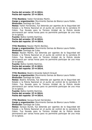 Fecha del arresto: 27-4-2014.
Fecha del reporte: 27-4-2014.
772) Nombre: Yailen Fernández Martín.
Cargo y organización: Movimiento Damas de Blanco Laura Pollán.
Dirección: Santiago de Cuba.
Notas: Yailen Fernández, fue detenida por agentes de la Seguridad del
Estado y la Policía Nacional en el punto de control de la carretera El
Cobre. Fue llevada para la Tercera Unidad de la Policía donde
permaneció por varias horas para no permitirle participar de una misa
en la iglesia.
Fuente: Belkis Cantillo Ramírez.
Fecha del arresto: 27-4-2014.
Fecha del reporte: 27-4-2014.
773) Nombre: Naylan Martín Benítez.
Cargo y organización: Movimiento Damas de Blanco Laura Pollán.
Dirección: Santiago de Cuba.
Notas: Naylan Martín, fue detenida por agentes de la Seguridad del
Estado y la Policía Nacional en el punto de control de la carretera El
Cobre. Fue llevada para la Tercera Unidad de la Policía donde
permaneció por varias horas para no permitirle participar de una misa
en la iglesia.
Fuente: Belkis Cantillo Ramírez.
Fecha del arresto: 27-4-2014.
Fecha del reporte: 27-4-2014.
774) Nombre: Beatriz Amanda Saborit Giraudi
Cargo y organización: Movimiento Damas de Blanco Laura Pollán.
Dirección: Santiago de Cuba.
Notas: Beatriz Amanda, fue detenida por agentes de la Seguridad del
Estado y la Policía Nacional en el punto de control de la carretera El
Cobre. Fue llevada para la Tercera Unidad de la Policía donde
permaneció por varias horas para no permitirle participar de una misa
en la iglesia.
Fuente: Belkis Cantillo Ramírez.
Fecha del arresto: 27-4-2014.
Fecha del reporte: 27-4-2014.
775) Nombre: Soraya Dunet Hernández.
Cargo y organización: Movimiento Damas de Blanco Laura Pollán.
Dirección: Santiago de Cuba.
Notas: Soraya Dunet, fue detenida por agentes de la Seguridad del
Estado y la Policía Nacional en el punto de control de la carretera El
Cobre. Fue llevada para la Tercera Unidad de la Policía donde
permaneció por varias horas para no permitirle participar de una misa
en la iglesia.
 