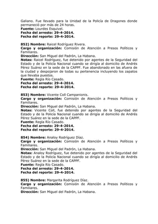 Galiano. Fue llevado para la Unidad de la Policía de Dragones donde
permaneció por más de 24 horas.
Fuente: Lourdes Esquivel.
Fecha del arresto: 29-4-2014.
Fecha del reporte: 29-4-2014.
852) Nombre: Raicel Rodríguez Rivera.
Cargo y organización: Comisión de Atención a Presos Políticos y
Familiares.
Dirección: San Miguel del Padrón, La Habana.
Notas: Raicel Rodríguez, fue detenido por agentes de la Seguridad del
Estado y de la Policía Nacional cuando se dirigía al domicilio de Andrés
Pérez Suárez en la sede de la CAPPF. Fue abandonado en las afuera de
la ciudad y despojaron de todas su pertenencia incluyendo los zapatos
que llevaba puestos.
Fuente: Regla Río Casado.
Fecha del arresto: 29-4-2014.
Fecha del reporte: 29-4-2014.
853) Nombre: Vicente Coll Campanionis.
Cargo y organización: Comisión de Atención a Presos Políticos y
Familiares.
Dirección: San Miguel del Padrón, La Habana.
Notas: Vicente Coll, fue detenido por agentes de la Seguridad del
Estado y de la Policía Nacional cuando se dirigía al domicilio de Andrés
Pérez Suárez en la sede de la CAPPF.
Fuente: Regla Río Casado.
Fecha del arresto: 29-4-2014.
Fecha del reporte: 29-4-2014.
854) Nombre: Analoy Rodríguez Díaz.
Cargo y organización: Comisión de Atención a Presos Políticos y
Familiares.
Dirección: San Miguel del Padrón, La Habana.
Notas: Analoy Rodríguez, fue detenido por agentes de la Seguridad del
Estado y de la Policía Nacional cuando se dirigía al domicilio de Andrés
Pérez Suárez en la sede de la CAPPF.
Fuente: Regla Río Casado.
Fecha del arresto: 29-4-2014.
Fecha del reporte: 29-4-2014.
855) Nombre: Margarita Rodríguez Díaz.
Cargo y organización: Comisión de Atención a Presos Políticos y
Familiares.
Dirección: San Miguel del Padrón, La Habana.
 