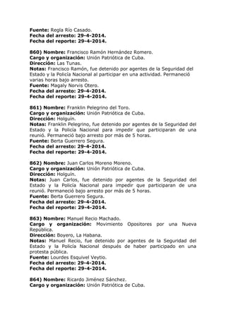 Fuente: Regla Río Casado.
Fecha del arresto: 29-4-2014.
Fecha del reporte: 29-4-2014.
860) Nombre: Francisco Ramón Hernández Romero.
Cargo y organización: Unión Patriótica de Cuba.
Dirección: Las Tunas.
Notas: Francisco Ramón, fue detenido por agentes de la Seguridad del
Estado y la Policía Nacional al participar en una actividad. Permaneció
varias horas bajo arresto.
Fuente: Magaly Norvis Otero.
Fecha del arresto: 29-4-2014.
Fecha del reporte: 29-4-2014.
861) Nombre: Franklin Pelegrino del Toro.
Cargo y organización: Unión Patriótica de Cuba.
Dirección: Holguín.
Notas: Franklin Pelegrino, fue detenido por agentes de la Seguridad del
Estado y la Policía Nacional para impedir que participaran de una
reunió. Permaneció bajo arresto por más de 5 horas.
Fuente: Berta Guerrero Segura.
Fecha del arresto: 29-4-2014.
Fecha del reporte: 29-4-2014.
862) Nombre: Juan Carlos Moreno Moreno.
Cargo y organización: Unión Patriótica de Cuba.
Dirección: Holguín.
Notas: Juan Carlos, fue detenido por agentes de la Seguridad del
Estado y la Policía Nacional para impedir que participaran de una
reunió. Permaneció bajo arresto por más de 5 horas.
Fuente: Berta Guerrero Segura.
Fecha del arresto: 29-4-2014.
Fecha del reporte: 29-4-2014.
863) Nombre: Manuel Recio Machado.
Cargo y organización: Movimiento Opositores por una Nueva
República.
Dirección: Boyero, La Habana.
Notas: Manuel Recio, fue detenido por agentes de la Seguridad del
Estado y la Policía Nacional después de haber participado en una
protesta pública.
Fuente: Lourdes Esquivel Veytio.
Fecha del arresto: 29-4-2014.
Fecha del reporte: 29-4-2014.
864) Nombre: Ricardo Jiménez Sánchez.
Cargo y organización: Unión Patriótica de Cuba.
 