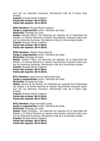 que son los derechos humanos. Permaneció más de 6 horas bajo
arresto.
Fuente: Mirayda Martín Calderín.
Fecha del arresto: 30-4-2014.
Fecha del reporte: 30-4-2014.
869) Nombre: Mirayda Martín Calderín.
Cargo y organización: Unión Patriótica de Cuba.
Dirección: Santiago de Cuba.
Notas: Mirayda Martín, fue detenida por agentes de la Seguridad del
Estado y la Policía Nacional al repartir documentos impresos sobre que
son los derechos humanos. Permaneció más de 6 horas bajo arresto.
Fuente: Mirayda Martín Calderín.
Fecha del arresto: 30-4-2014.
Fecha del reporte: 30-4-2014.
870) Nombre: Vladimir Mora Alarcón.
Cargo y organización: Unión Patriótica de Cuba.
Dirección: Santiago de Cuba.
Notas: Vladimir Mora, fue detenido por agentes de la Seguridad del
Estado y la Policía Nacional al repartir documentos impresos sobre que
son los derechos humanos. Permaneció más de 6 horas bajo arresto.
Fuente: Mirayda Martín Calderín.
Fecha del arresto: 30-4-2014.
Fecha del reporte: 30-4-2014.
871) Nombre: Lázaro de los Santos Barreras.
Cargo y organización: Unión Patriótica de Cuba.
Dirección: Santiago de Cuba.
Notas: Lázaro de los Santos, fue detenida por agentes de la Seguridad
del Estado y la Policía Nacional al repartir documentos impresos sobre
que son los derechos humanos. Permaneció más de 6 horas bajo
arresto.
Fuente: Mirayda Martín Calderín.
Fecha del arresto: 30-4-2014.
Fecha del reporte: 30-4-2014.
872) Nombre: Edgar González Justiz.
Cargo y organización: Unión Patriótica de Cuba.
Dirección: Santiago de Cuba.
Notas: Edgar González, fue detenido por agentes de la Seguridad del
Estado y la Policía Nacional al repartir documentos impresos sobre que
son los derechos humanos. Permaneció más de 6 horas bajo arresto.
Fuente: Mirayda Martín Calderín.
Fecha del arresto: 30-4-2014.
Fecha del reporte: 30-4-2014.
 