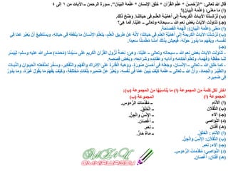 ‫تعالى‬ ‫هللا‬ ‫قال‬" :ُ‫ــن‬َ‫م‬ ْ‫ح‬َّ‫ر‬‫ال‬*َ‫آن‬ْ‫ر‬ُ‫ق‬‫ال‬ َ‫م‬َّ‫ل‬َ‫ع‬*َ‫ان‬َ‫س‬‫ن‬ِ‫اإل‬ َ‫ق‬َ‫ل‬َ‫خ‬*َ‫ان‬َ‫ي‬َ‫ب‬‫ال‬ ُ‫ه‬َ‫م‬َّ‫ل‬َ‫ع‬."‫من‬ ‫اآليات‬ ‫ــ‬ ‫الرحمن‬ ‫سورة‬١‫إلى‬٤
(‫ا‬)‫ا‬َ‫م‬‫ى‬َ‫ن‬ْ‫ع‬َ‫م‬( :َ‫ان‬َ‫ي‬َ‫ب‬ْ‫ل‬‫ا‬ ُ‫ه‬َ‫م‬َّ‫ل‬َ‫ع‬)‫؟‬
(‫ب‬)‫ـا‬َ‫ن‬ِ‫ت‬‫ا‬َ‫ي‬َ‫ح‬ ‫ى‬ِ‫ف‬ ِ‫ـم‬ْ‫ل‬ِ‫ع‬‫ال‬ ِ‫ة‬‫ـ‬َّ‫ي‬ِّ‫م‬َ‫ه‬َ‫أ‬ ‫ى‬َ‫ل‬ِ‫إ‬ ُ‫ة‬‫ـ‬َ‫م‬‫ي‬ِ‫ر‬َ‫ك‬ْ‫ل‬‫ا‬ ُ‫ـات‬َ‫ي‬‫اآل‬ ‫ا‬َ‫ن‬ُ‫د‬‫ـ‬ِ‫ش‬ْ‫ُر‬‫ت‬.َ‫ك‬ِ‫ل‬َ‫ذ‬ ْ‫ح‬ِّ‫ض‬َ‫و‬.
(‫جـ‬)‫ا‬َ‫ن‬ْ‫ي‬َ‫ل‬َ‫ع‬ ‫ــ‬ ‫وتعالى‬ ‫سبحانه‬ ‫ــ‬ ‫هللا‬ ِ‫م‬َ‫ع‬ِ‫ن‬ َ‫ض‬ْ‫ع‬َ‫ب‬ ُ‫ات‬َ‫ي‬‫اآل‬ ِ‫ت‬َ‫ل‬َ‫او‬َ‫ن‬َ‫ت‬.‫ا‬َ‫م‬َ‫ف‬‫؟‬َ‫ى‬ِ‫ه‬
(‫ا‬)‫ى‬َ‫ن‬ْ‫ع‬َ‫م‬(‫ان‬َ‫ي‬َ‫ب‬ْ‫ل‬‫ا‬ ُ‫ه‬َ‫م‬َّ‫ل‬َ‫ع‬:)َ‫ة‬َ‫اح‬َ‫ص‬َ‫ف‬ْ‫ل‬‫ا‬ ُ‫ه‬َ‫م‬َ‫ه‬ْ‫ل‬َ‫أ‬.
(‫ب‬)ِ‫اإل‬ ُ‫م‬َّ‫ل‬َ‫ع‬َ‫ت‬َ‫ي‬ ،ِ‫م‬ْ‫ل‬ِ‫ع‬ْ‫ل‬‫ا‬ ِ‫يق‬ِ‫ر‬َ‫ط‬ ْ‫َن‬‫ع‬ ُ‫ه‬َّ‫ن‬َ‫أل‬ ‫ا؛‬َ‫ن‬ِ‫ت‬‫ا‬َ‫ي‬َ‫ح‬ ‫ى‬ِ‫ف‬ ِ‫م‬ْ‫ل‬ِ‫ع‬‫ال‬ ِ‫ة‬َّ‫ي‬ِّ‫م‬َ‫ه‬َ‫أ‬ ‫ى‬َ‫ل‬ِ‫إ‬ ُ‫ة‬َ‫م‬‫ي‬ِ‫ر‬َ‫ك‬ْ‫ل‬‫ا‬ ُ‫ات‬َ‫ي‬‫اآل‬ ‫ا‬َ‫ن‬ُ‫د‬ِ‫ش‬ْ‫ُر‬‫ت‬ْ‫ن‬‫ى‬ِ‫ف‬ ‫ا‬َّ‫م‬َ‫ع‬ َ‫ر‬ِّ‫ب‬َ‫ع‬ُ‫ي‬ ْ‫ن‬َ‫أ‬ ُ‫ع‬‫ي‬ِ‫َط‬‫ت‬ْ‫س‬َ‫ي‬‫و‬ ،ِ‫ه‬ِ‫ت‬‫ا‬َ‫ي‬َ‫ح‬ ‫ى‬ِ‫ف‬ ُ‫ه‬ُ‫ع‬َ‫ف‬ْ‫ن‬َ‫ي‬ ‫ا‬َ‫م‬ ُ‫ان‬َ‫س‬
‫ًا‬‫د‬‫ي‬ِ‫ع‬َ‫س‬ ‫ا‬ً‫ن‬ِ‫ئ‬َ‫م‬ْ‫ط‬ُ‫م‬ ‫ـا‬ً‫ن‬ِ‫م‬‫آ‬ َ‫ك‬ِ‫ل‬َ‫ذ‬ِ‫ب‬ َ‫يش‬ِ‫ع‬َ‫ي‬َ‫ف‬ ،ُ‫ه‬َ‫ل‬ْ‫و‬َ‫ح‬ ُ‫ر‬‫ُو‬‫د‬َ‫ي‬ ‫ا‬َ‫م‬ َ‫م‬َ‫ه‬ْ‫ف‬َ‫ي‬‫و‬ ،ِ‫ه‬‫ـ‬ِ‫س‬ْ‫ف‬َ‫ن‬.
(‫جـ‬)
-َ‫ى‬ِ‫ه‬َ‫و‬ ،‫ا‬َ‫ن‬ْ‫ي‬َ‫ل‬َ‫ع‬ ‫ــ‬ ‫وتعالى‬ ‫سبحانه‬ ‫ــ‬ ‫هللا‬ ِ‫م‬َ‫ع‬ِ‫ن‬ َ‫ض‬ْ‫ع‬َ‫ب‬ ُ‫ات‬َ‫ي‬‫اآل‬ ِ‫ت‬َ‫ل‬َ‫او‬َ‫ن‬َ‫ت‬:‫ا‬َ‫ن‬ِ‫د‬ِّ‫ي‬‫ـ‬َ‫س‬ ‫ى‬َ‫ل‬َ‫ع‬ ِ‫يم‬ِ‫ر‬َ‫ك‬ْ‫ل‬‫ا‬ ِ‫ن‬‫آ‬ْ‫ر‬ُ‫ق‬‫ال‬ ِ‫ول‬ُ‫ز‬ُ‫ن‬ ُ‫ة‬َ‫م‬ْ‫ع‬ِ‫ن‬(ٍ‫د‬‫ـ‬َّ‫م‬َ‫ح‬ُ‫م‬)َ‫ر‬ِّ‫س‬َ‫ي‬ُ‫ي‬ِ‫ل‬ ‫وسلم؛‬ ‫عليه‬ ‫هللا‬ ‫صلى‬
ِ‫ه‬ِ‫ص‬َ‫ص‬ِ‫ق‬ ِ‫ض‬ْ‫ع‬َ‫ب‬‫و‬ ،ِ‫ه‬ِ‫ع‬ِ‫ئ‬‫ا‬َ‫َر‬‫ش‬‫و‬ ِ‫ه‬ِ‫د‬ِ‫ئ‬‫ا‬َ‫ق‬َ‫ع‬‫و‬ ِ‫ه‬ِ‫ب‬‫َا‬‫د‬‫وآ‬ ِ‫ه‬ِ‫م‬‫ا‬َ‫ك‬ْ‫ح‬َ‫أ‬ َ‫م‬ُّ‫ل‬َ‫ع‬َ‫ت‬‫و‬ ،ُ‫ه‬َ‫م‬ْ‫ه‬َ‫ف‬َ‫و‬ ُ‫ه‬َ‫ظ‬ْ‫ف‬ِ‫ح‬ ‫ـا‬َ‫ن‬َ‫ل‬.
-ِ‫م‬ْ‫ه‬َ‫ف‬ْ‫ل‬‫وا‬ ‫اك‬َ‫ر‬ْ‫د‬ِ‫اإل‬ ‫ى‬َ‫ل‬َ‫ع‬ َ‫ة‬َ‫ْر‬‫د‬ُ‫ق‬ْ‫ل‬‫ا‬ ُ‫ه‬َ‫ب‬َ‫ه‬َ‫و‬َ‫و‬ ،ٍ‫ة‬َ‫ور‬ُ‫ص‬ ِ‫ن‬َ‫س‬ْ‫ح‬َ‫أ‬ ‫ى‬ِ‫ف‬ ُ‫ه‬َ‫ل‬َ‫ع‬َ‫وج‬ ،َ‫ان‬َ‫س‬ْ‫ن‬ِ‫اإل‬ ‫ــ‬ ‫الى‬َ‫ع‬َ‫ت‬ ‫ــ‬ ‫هللا‬ َ‫ق‬َ‫ل‬َ‫خ‬ ‫كما‬‫وا‬َ‫ـات‬َ‫ب‬َّ‫ن‬‫وال‬ َ‫ان‬َ‫ـو‬َ‫ي‬َ‫ح‬ْ‫ل‬‫ا‬ ِ‫ه‬ِ‫ت‬َ‫ع‬َ‫ف‬ْ‫ن‬َ‫م‬ِ‫ل‬ َ‫ر‬َّ‫خ‬َ‫س‬‫و‬ ،ِ‫ر‬‫ي‬ِ‫ك‬ْ‫ف‬َّ‫ت‬‫ل‬
ِ‫ب‬ ِ‫ه‬ِ‫ر‬‫ي‬ِ‫م‬َ‫ض‬ ْ‫َن‬‫ع‬ ُ‫ر‬ِّ‫ب‬َ‫ع‬ُ‫ي‬‫و‬ ،ِ‫ه‬ِ‫س‬ْ‫ف‬َ‫ن‬ ‫ى‬ِ‫ف‬ ‫ا‬َّ‫م‬َ‫ع‬ ُ‫ين‬ِ‫ب‬ُ‫ي‬ َ‫ْف‬‫ي‬َ‫ك‬ ُ‫ه‬َ‫م‬َّ‫ل‬َ‫ع‬ ‫ــ‬ ‫الى‬َ‫ع‬َ‫ت‬ ‫ــ‬ ‫هللا‬ َّ‫ن‬َ‫وأ‬ ،َ‫د‬‫ا‬َ‫م‬َ‫ج‬ْ‫ل‬‫وا‬ َ‫ـر‬ْ‫ي‬َّ‫ط‬‫وال‬َ‫غ‬ُ‫ل‬ُ‫ر‬‫ُو‬‫د‬َ‫ي‬ ‫ا‬َ‫م‬‫و‬ ،ُ‫ه‬ُ‫ر‬ْ‫ي‬َ‫غ‬ ُ‫ل‬‫و‬ُ‫ق‬َ‫ي‬ ‫ا‬َ‫م‬ ُ‫م‬َ‫ه‬ْ‫ف‬َ‫ي‬ َ‫ْف‬‫ي‬َ‫ك‬َ‫و‬ ،ٍ‫ة‬َ‫ف‬ِ‫ل‬َ‫ت‬ْ‫خ‬ُ‫م‬ ٍ‫ت‬‫ا‬
ِ‫ه‬ِ‫ر‬‫ي‬ِ‫م‬َ‫ض‬ ‫ى‬ِ‫ف‬.
‫المجموعة‬ َ‫ن‬ِ‫م‬ ‫كلمة‬ ‫لكل‬ ‫اختر‬(‫ا‬)‫المجموعة‬ َ‫ن‬ِ‫م‬ ‫ا‬ُ‫ه‬ُ‫ب‬ِ‫اس‬َ‫ن‬ُ‫ي‬ ‫ما‬(‫ب‬:)
‫المجموعة‬(‫ا‬)
(‫ا‬)‫ام‬َ‫ن‬َ‫األ‬
(‫ب‬)‫ن‬َ‫ال‬َ‫ق‬َّ‫ث‬‫ال‬
(‫جـ‬)‫ء‬َ‫ال‬‫آ‬
(‫د‬)‫ى‬ِ‫اص‬َ‫و‬َّ‫ن‬‫ال‬
(‫هـ‬)‫ان‬َ‫ن‬ْ‫ف‬َ‫أ‬
(‫ا‬)‫ام‬َ‫ن‬َ‫األ‬:ُ‫ق‬ْ‫ل‬َ‫خ‬ْ‫ل‬‫ا‬.
(‫ب‬)‫ن‬َ‫ال‬َ‫ق‬َّ‫ث‬‫ال‬:ُّ‫ن‬ِ‫ج‬ْ‫ل‬‫وا‬ ُ‫س‬ْ‫ن‬ِ‫اإل‬.
(‫جـ‬)‫ء‬َ‫ال‬‫آ‬:‫م‬َ‫ع‬ِ‫ن‬.
(‫د‬)‫ى‬ِ‫اص‬َ‫و‬َّ‫ن‬‫ال‬:ِ‫س‬‫ءو‬ُّ‫الر‬ ُ‫ات‬َ‫م‬ِّ‫د‬َ‫ق‬ُ‫م‬.
(‫هـ‬)‫ان‬َ‫ن‬ْ‫ف‬َ‫أ‬:‫ان‬َ‫ص‬ْ‫غ‬َ‫أ‬.
‫المجموعة‬(‫ب‬)
‫ءوس‬ُّ‫الر‬ ‫ات‬َ‫م‬ِّ‫د‬َ‫ق‬ُ‫م‬ ‫ــ‬.
ُ‫ق‬ْ‫ل‬َ‫خ‬ْ‫ل‬‫ا‬ ‫ــ‬.
ُّ‫ن‬ِ‫ج‬ْ‫ل‬‫وا‬ ُ‫س‬ْ‫ن‬ِ‫اإل‬ ‫ــ‬.
‫ان‬َ‫ص‬ْ‫غ‬َ‫أ‬ ‫ــ‬.
‫م‬َ‫ع‬ِ‫ن‬ ‫ــ‬.
ٌّ‫ار‬َ‫ح‬ ٌ‫ء‬‫ا‬َ‫م‬ ‫ــ‬.
 