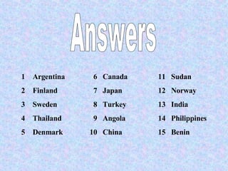 Answers Argentina 6 Canada 11 Sudan Finland 7 Japan 12 Norway Sweden 8 Turkey 13 India Thailand 9 Angola 14 Philippines Denmark 10 China 15 Benin