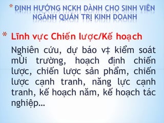 Lĩnh vực Chiến lược/Kế hoạch   Nghiên cứu, dự báo và kiểm soát môi trường, hoạch định chiến lược, chiến lược sản phẩm, chiến lược cạnh tranh, năng lực cạnh tranh, kế hoạch năm, kế hoạch tác nghiệp… 