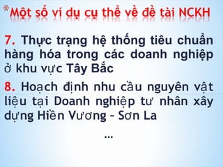 7.  Thực trạng hệ thống tiêu chuẩn hàng hóa trong các doanh nghiệp  ở khu vực  Tây Bắc 8.  Hoạch định nhu cầu nguyên vật liệu tại Doanh nghiệp tư nhân xây dựng Hiền Vương – Sơn La … 