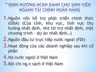 Nguồn vốn hỗ trợ phát triển chính thức (ODA) (Của tỉnh, khu vực, lĩnh vực thụ hưởng nhất định, nhà tài trợ nhất định, một chương trình – dự án nhất định…) Nguồn đầu tư trực tiếp nước ngoài (FDI) Hoạt động của các doanh nghiệp sau khi cổ phần Nợ nước ngoài ở Việt Nam Bội chi ngân sách ở Việt Nam 