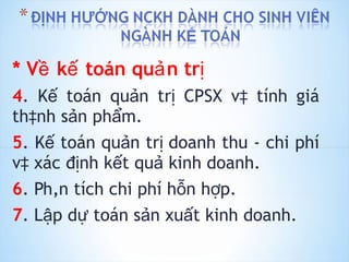 * Về kế toán quản trị 4 . Kế toán quản trị CPSX và tính giá thành sản phẩm. 5 . Kế toán quản trịdoanh thu - chi phí và xácđịnh kết quả kinh doanh. 6 . Phân tích chi phí hỗn hợp. 7 . Lập dự toán sản xuất kinh doanh. 