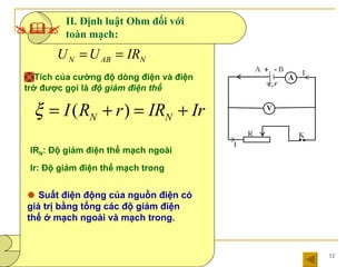II. Định luật Ohm đối với toàn mạch: IR N : Độ giảm điện thế mạch ngoài Ir: Độ giảm điện thế mạch trong    Suất điện động của nguồn điện có giá trị bằng tổng các độ giảm điện thế ở mạch ngoài và mạch trong.   Tích của cường độ dòng điện và điện trở được gọi là  độ giảm điện thế 