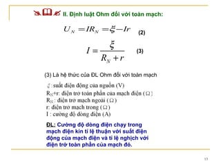  II. Định luật Ohm đối với toàn mạch: (3) (2) ĐL:   Cường độ dòng điện chạy trong mạch điện kín tỉ lệ thuận với suất điện động của mạch điện và tỉ lệ nghịch với điện trở toàn phần của mạch đó. (3) Là hệ thức của ĐL Ohm đối với toàn mạch 
