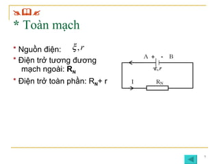*  Toàn mạch *  Nguồn điện: *  Điện trở tương đương mạch ngoài:  R N   *  Điện trở toàn phần: R N + r  