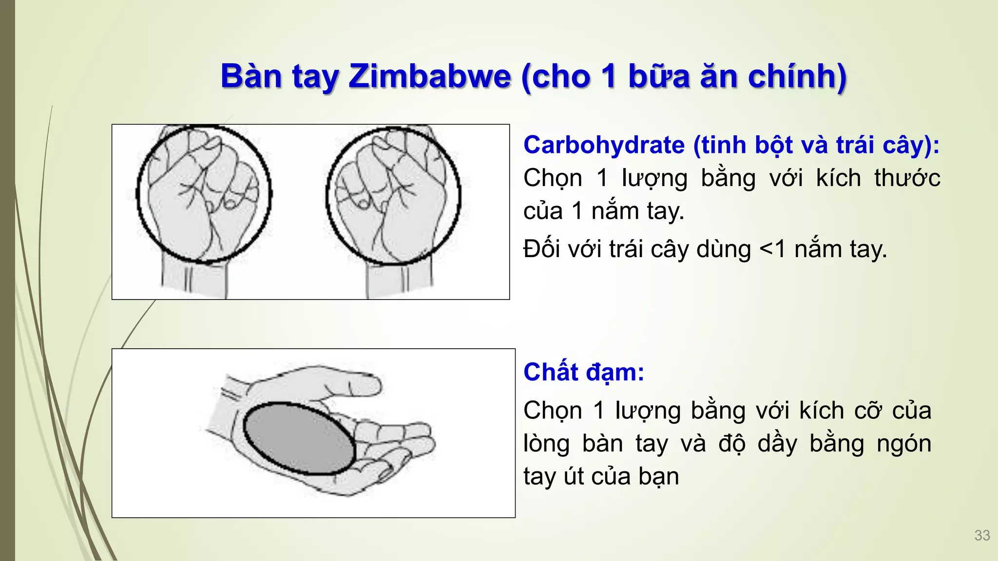 Bàn tay Zimbabwe (cho 1 bữa ăn chính)
33
Carbohydrate (tinh bột và trái cây):
Chọn 1 lượng bằng với kích thước
của 1 nắm tay.
Đối với trái cây dùng <1 nắm tay.
Chất đạm:
Chọn 1 lượng bằng với kích cỡ của
lòng bàn tay và độ dầy bằng ngón
tay út của bạn
 